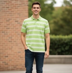 Tommy Hilfiger Men's Green Striped Polo Shirt